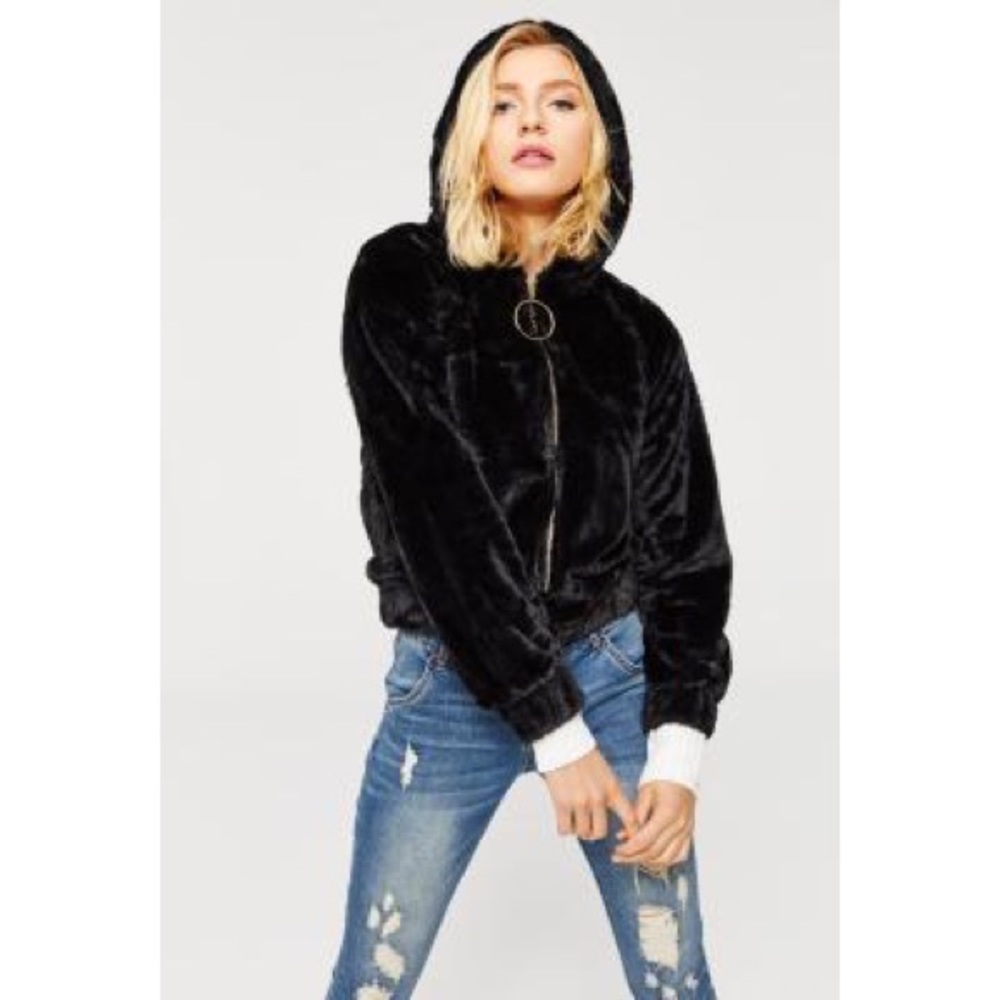 Ardene Black Faux Fur Hooded Bomber Jacket